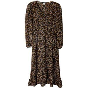 Old Navy black orange red floral cottagecore ruffle faux wrap midi dress small